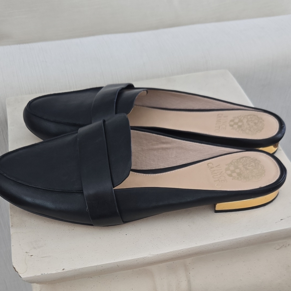 Vince Camuto| Black Leather Flats with Gold Accent